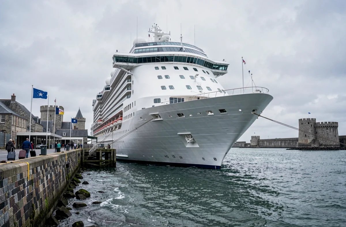 Paquebot de croisière amarré au quai historique de Saint-Malo avec des remparts en arrière-plan