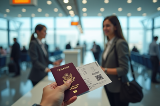 Passager à l'aéroport avec passeport et billet sourire