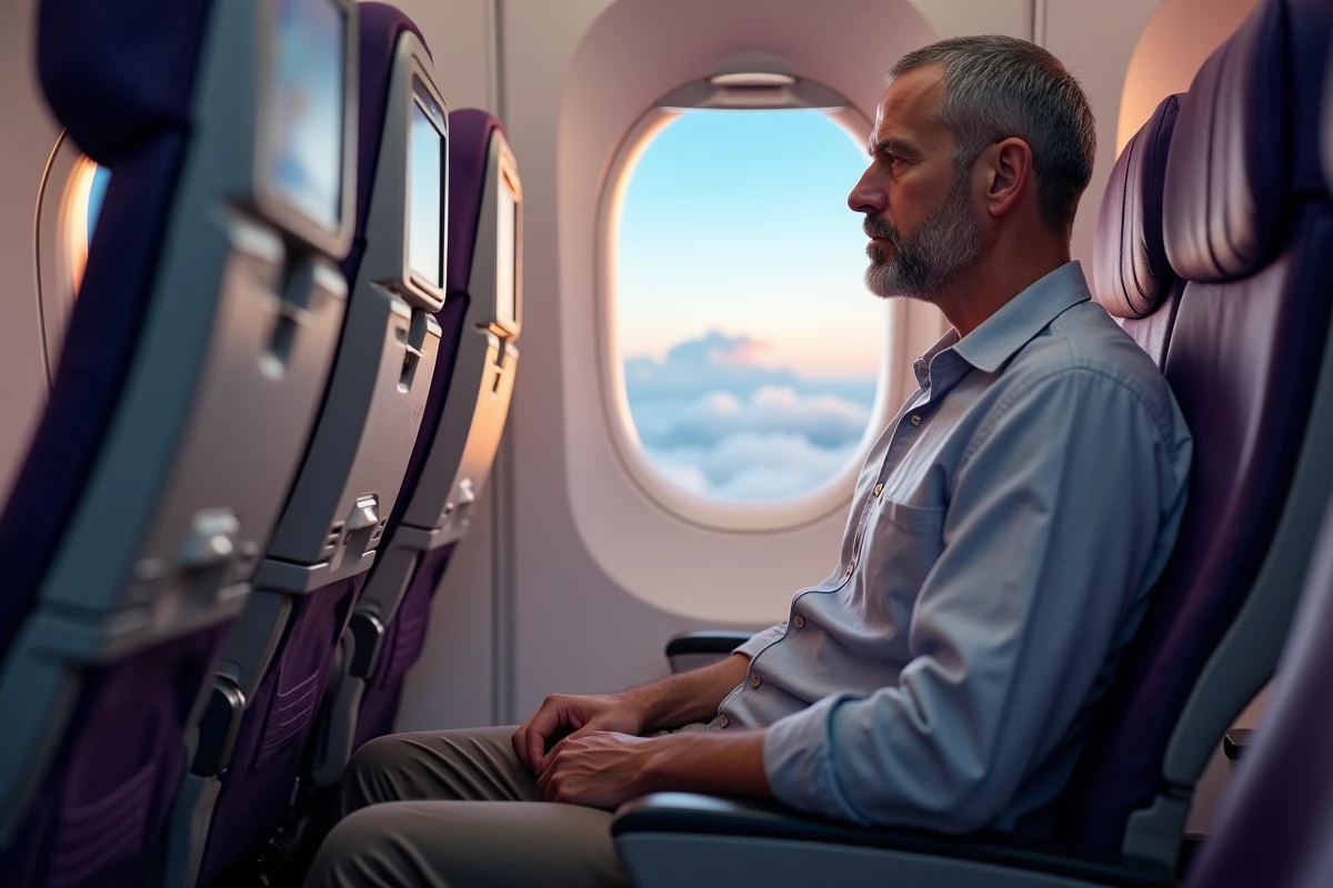 Passager en classe économique d'un avion long-courrier regardant les nuages par le hublot lors d'un vol French bee