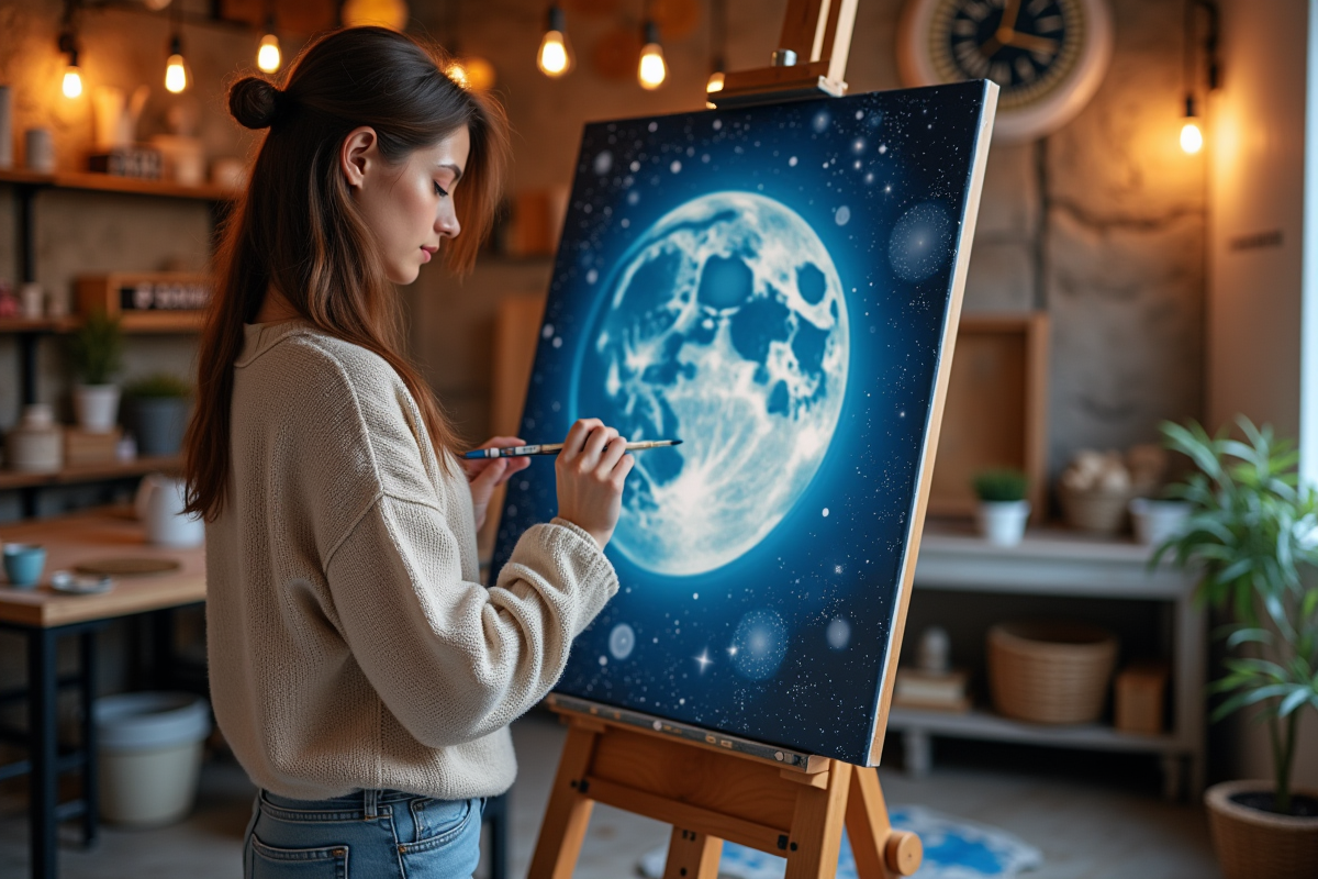 Jeune femme peignant une lune colorée dans son atelier