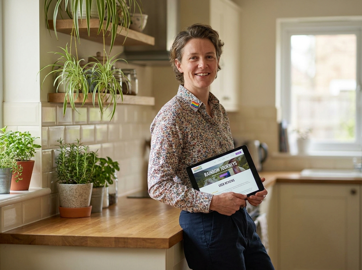 Personne non-binaire consultant un site de voyage inclusif LGBTQ+ sur une tablette dans sa cuisine