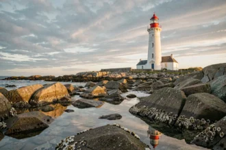 Le phare d'Eckmühl à Penmarc'h dans le Finistère, une tour de pierre blanche se dressant sur une côte rocheuse avec des reflets dorés dans les flaques d'eau au premier plan