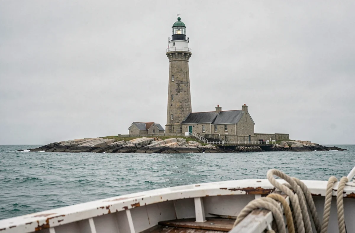 Le phare de l'Île Vierge dans le Finistère nord, le plus haut phare en pierre d'Europe, vu depuis un bateau traversant le chenal avec des détails architecturaux nets
