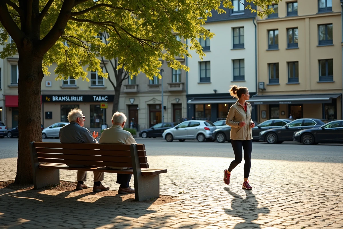 Place publique de Pétange avec habitants assis sur des bancs et commerces de proximité au Luxembourg