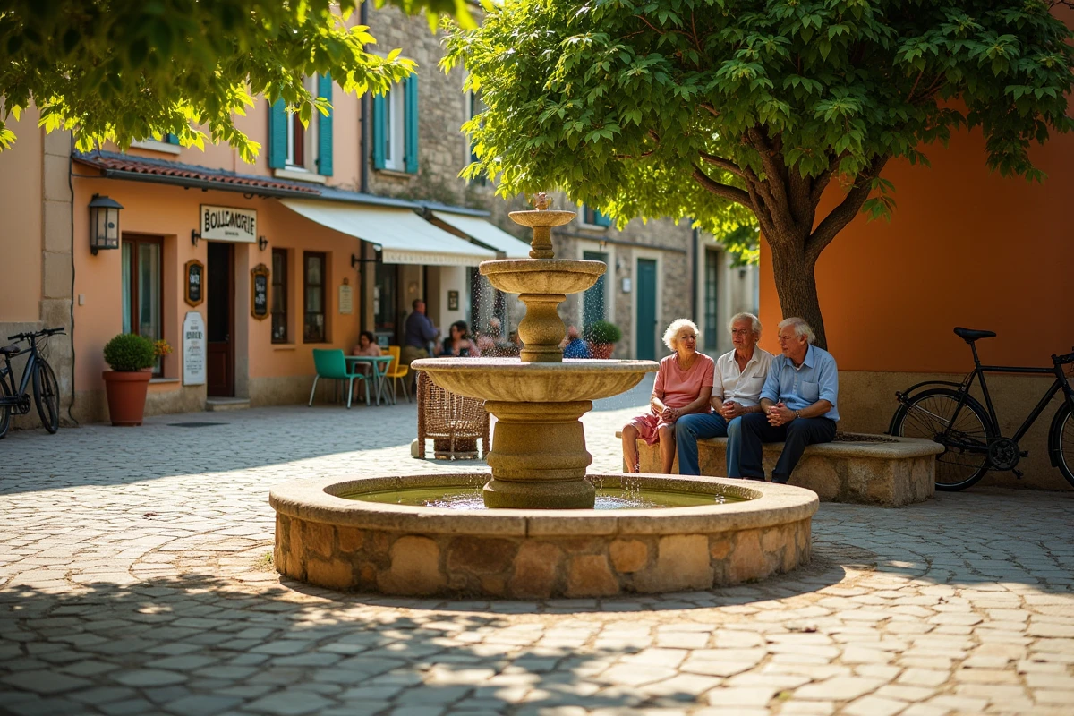 Place de village typique du Vaucluse avec fontaine en pierre, platanes et habitants locaux discutant au soleil
