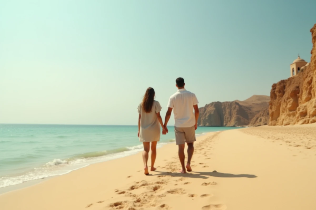 Couple de touristes sur une plage de sable fin en Tunisie avec architecture traditionnelle en arrière-plan