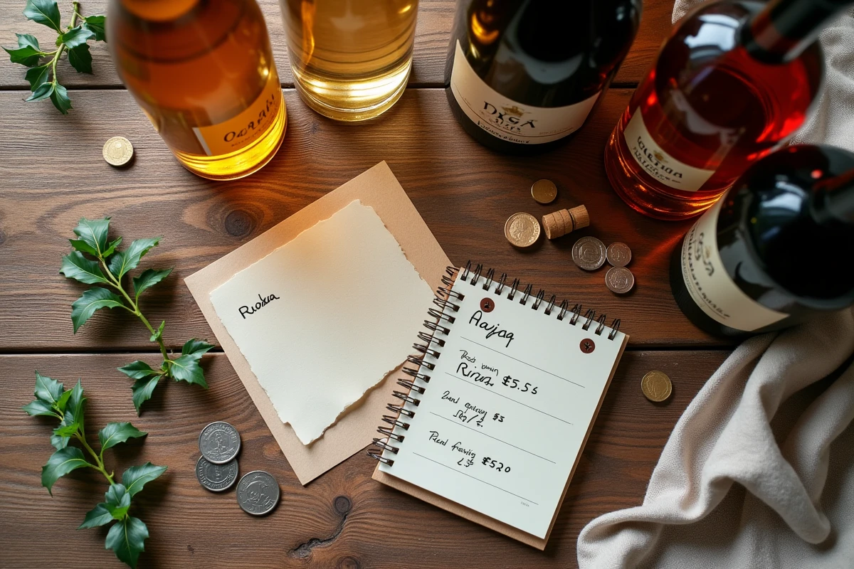 Vue de dessus de bouteilles d'alcool espagnoles avec liste de courses et pièces en euros pour planifier ses achats de fêtes