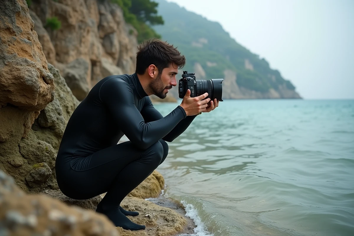 Plongeur débutant tenant un caisson étanche pour appareil photo sur un rivage rocheux méditerranéen