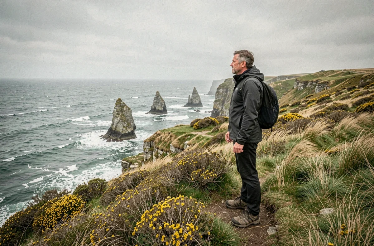 Un randonneur contemplant l'océan Atlantique depuis la Pointe du Raz dans le Finistère, entouré de landes sauvages et de falaises escarpées