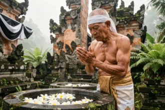 Prêtre hindou balinais en tenue cérémonielle effectuant un rituel de purification au temple Pura Tirta Empul à Bali, Indonésie