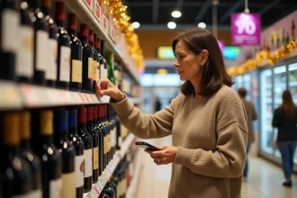 Femme comparant les prix des bouteilles d'alcool dans un supermarché espagnol décoré pour les fêtes de fin d'année