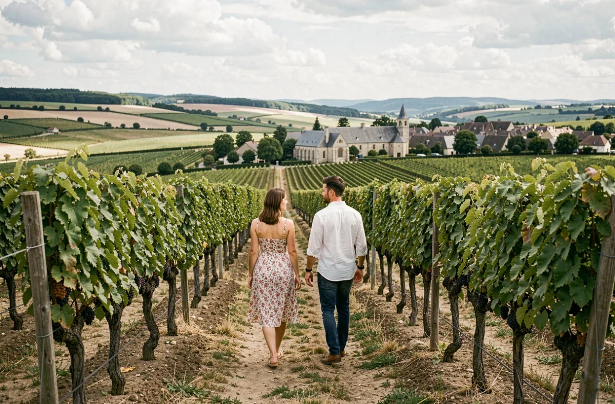 Couple se promenant sur un sentier viticole en bordure de Dijon avec les rangées de vignes de la Côte de Nuits en arrière-plan