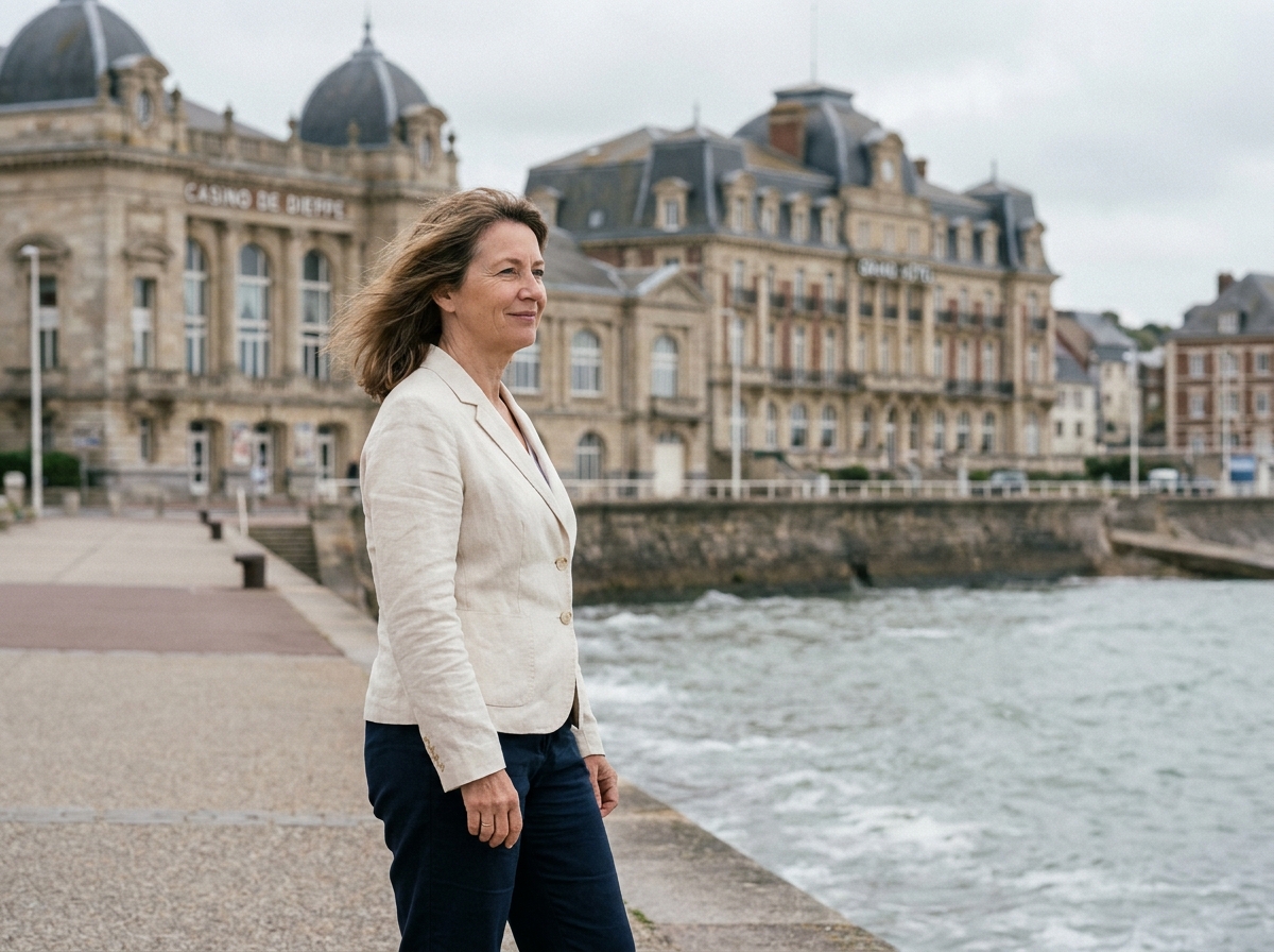 Femme sur la promenade d'une ville balnéaire normande face à la mer avec architecture Belle Époque