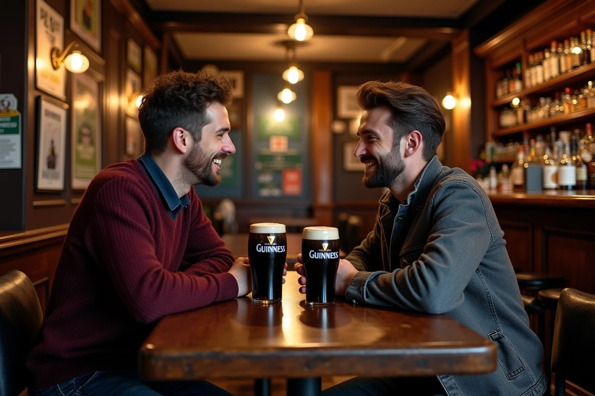 Deux amis partageant des pintes de Guinness dans un pub irlandais traditionnel de Temple Bar à Dublin