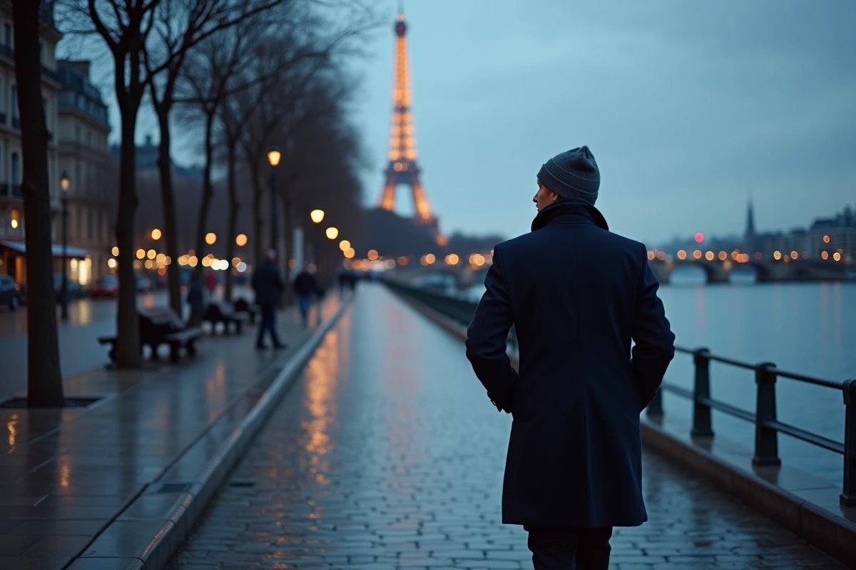 Homme en manteau marchant sur les quais de Seine en hiver avec la Tour Eiffel illuminée en arrière-plan