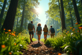 Groupe d'amis en randonnée dans une forêt verte ensoleillée