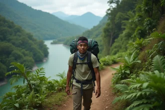 Jeune homme philippin en randonnée dans la jungle de Mindanao