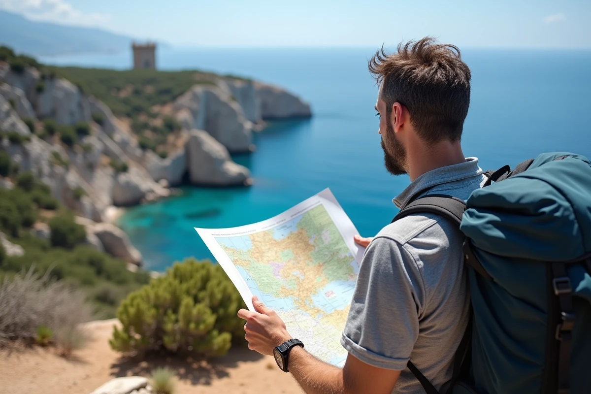 Randonneur utilisant une carte topographique du nord de la Corse face au panorama côtier du Cap Corse