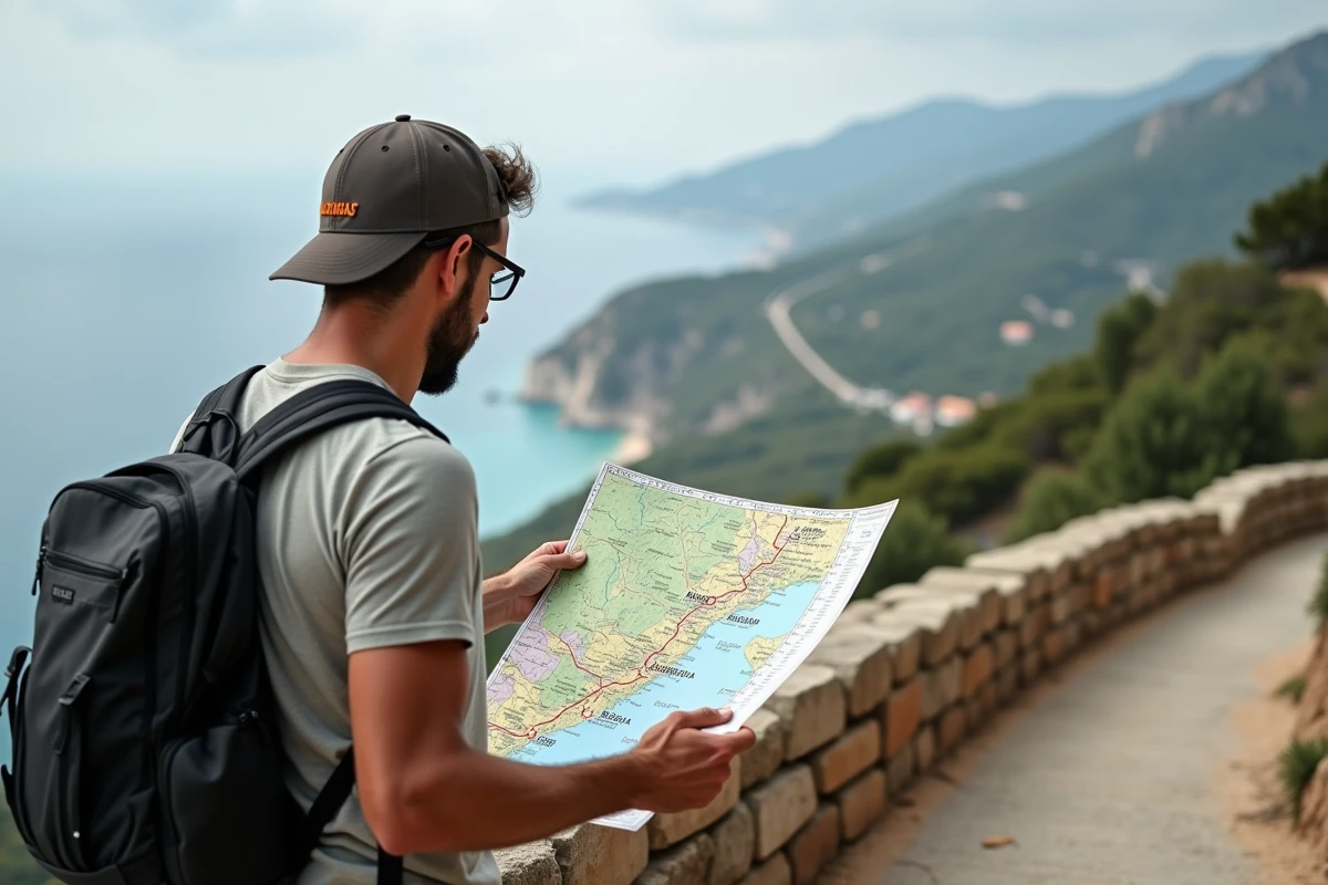 Homme en randonnée étudiant une carte de Corse sud