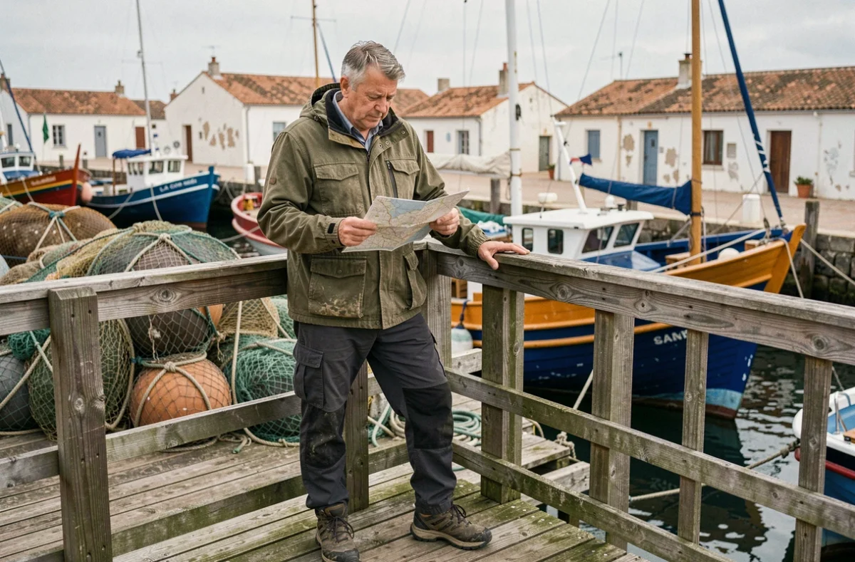 Randonneur consultant une carte sur le port de La Cotinière à Oléron, avec chalutiers et architecture charentaise en arrière-plan