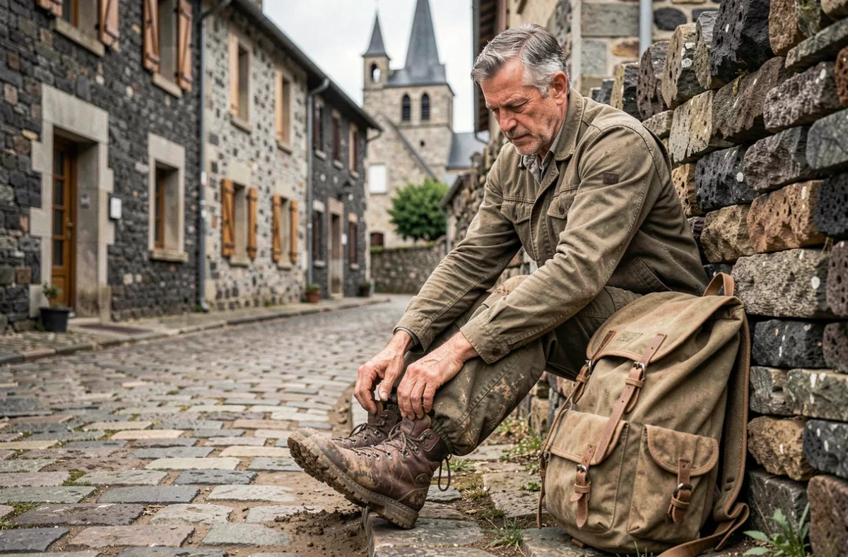 Randonneur se reposant contre un mur en pierre volcanique dans un village traditionnel d'Auvergne après une randonnée