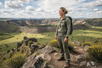 Randonneuse contemplant le panorama volcanique de l'Auvergne depuis un sentier de crête en basalte