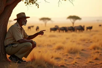Ranger tanzanien en uniforme khaki pointant vers la savane du Serengeti lors d'un safari guidé