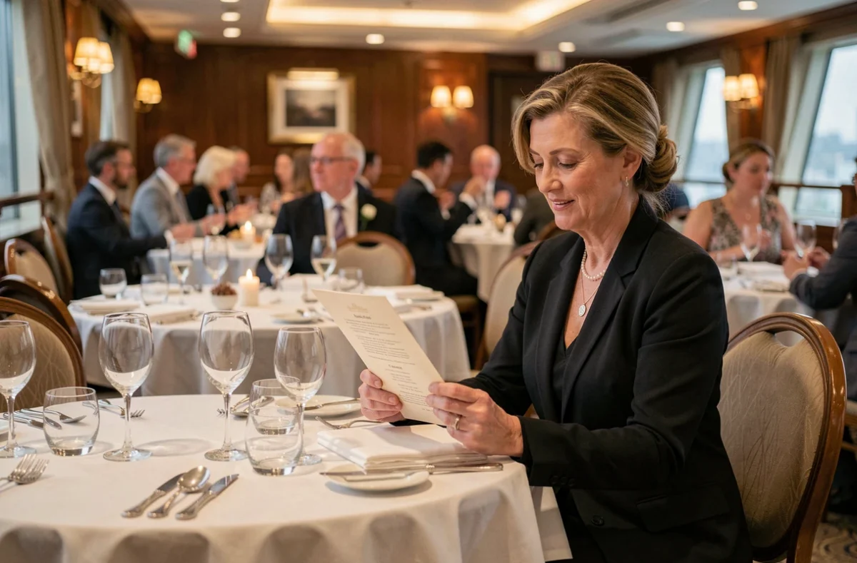 Salle de restaurant élégante sur un navire de croisière avec couverts et nappes blanches, passagère consultant le menu