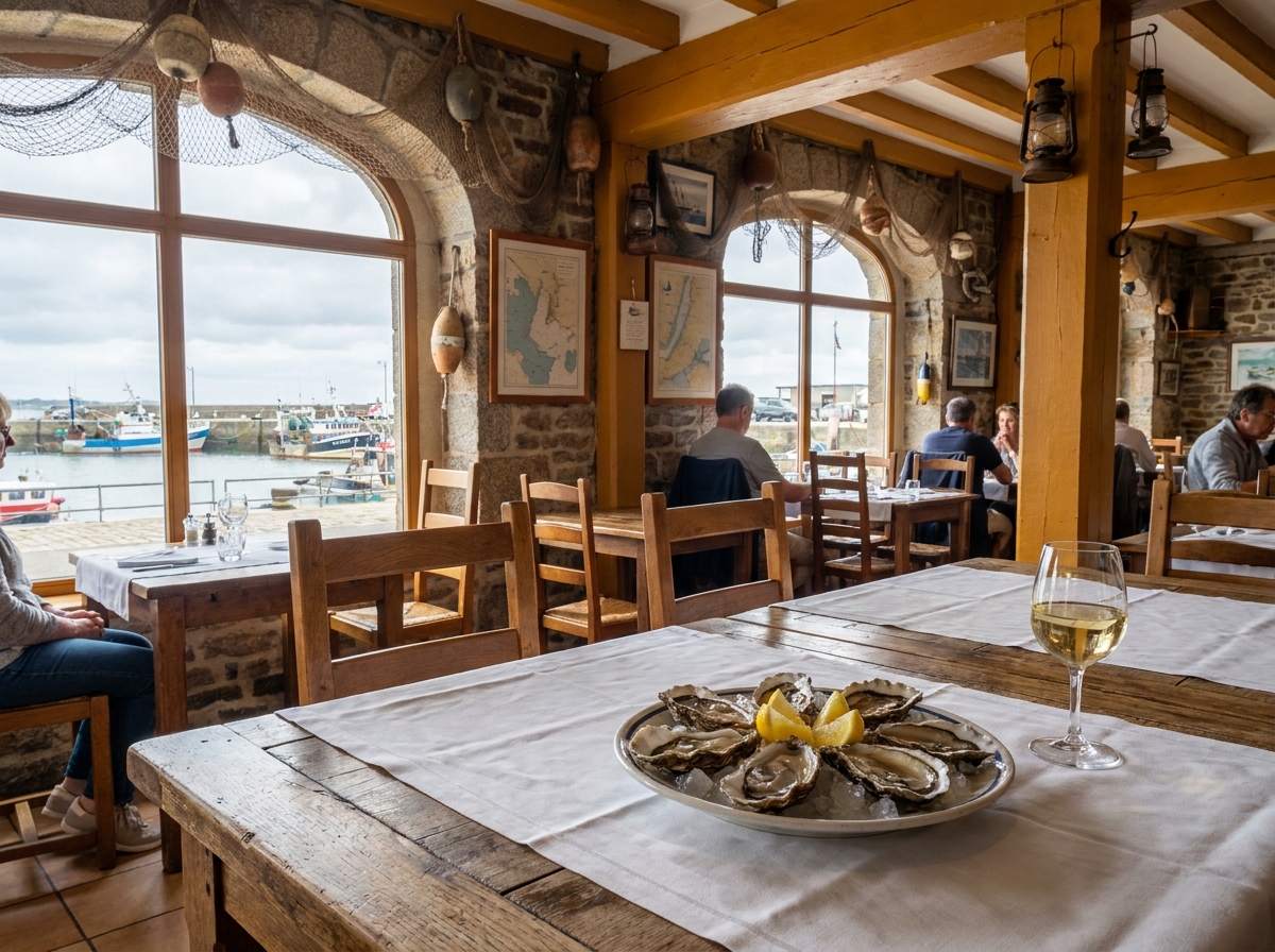 Restaurant normand en bord de mer avec plateau d'huîtres et vue sur le port de pêche