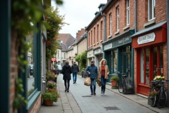 Rue commerçante animée de Rodange avec passants et façades en brique, quartier typique du Luxembourg