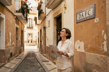 Femme consultant un plan de rue dans une ruelle du centre historique de Malaga avec des façades colorées et des balcons fleuris