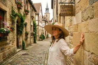 Femme explorant une ruelle pavée de Dijon avec des façades en pierre de Bourgogne et un caveau viticole en arrière-plan