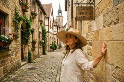 Femme explorant une ruelle pavée de Dijon avec des façades en pierre de Bourgogne et un caveau viticole en arrière-plan