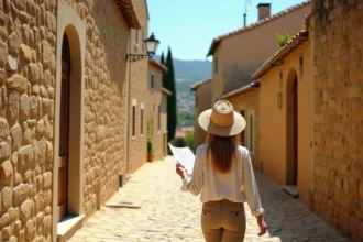 Ruelle pavée du village de Gordes en Provence avec une touriste consultant une carte lors d'une visite à pied