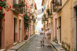Ruelle colorée aux façades pastel dans le vieux Menton avec bougainvillées et pavés anciens