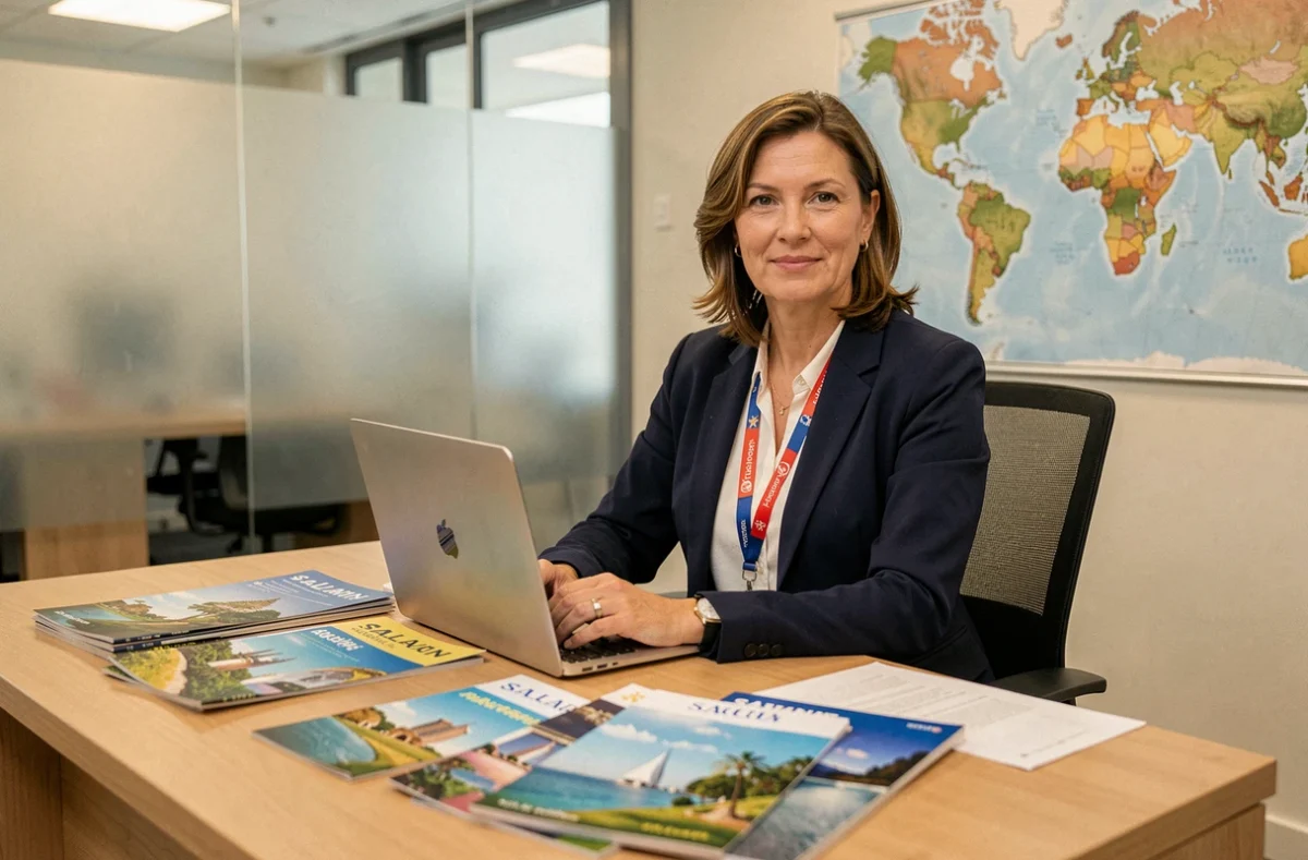 Conseillère de l'agence de voyages Salaün Holidays assise à son bureau avec des brochures de voyage et un ordinateur portable
