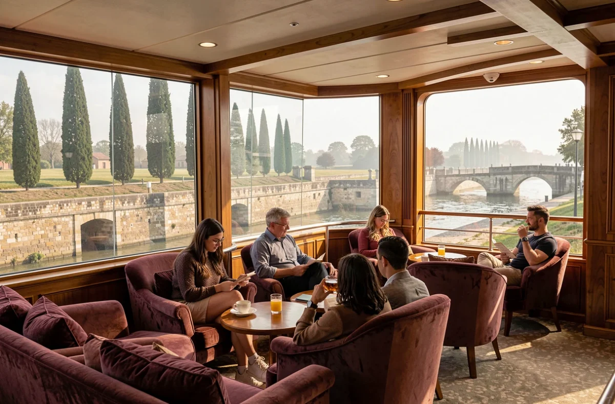 Salon intérieur panoramique d'un bateau de croisière naviguant sur le Canal du Midi avec vue sur les écluses