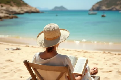 Jeune femme en robe en lin assise sur une plage méditerranéenne avec un guide de voyage, ambiance séjour balnéaire pas cher en août