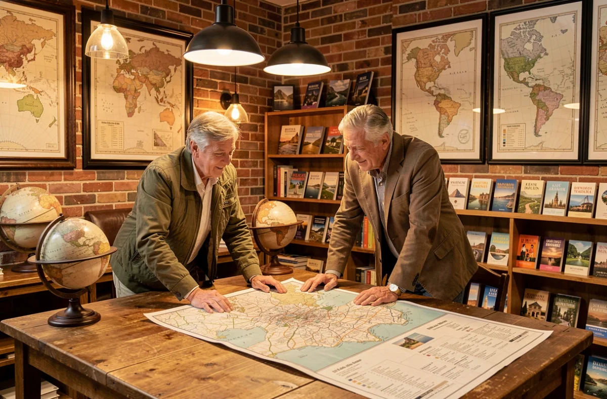 Deux conseillers de l'agence Selectour Histoires de Voyages consultant une carte d'itinéraire sur une grande table en bois dans un décor vintage