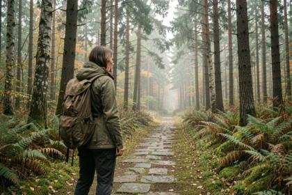 Randonneuse explorant un sentier forestier secret dans le Bas-Rhin en Alsace, entourée d'arbres centenaires et de brume matinale