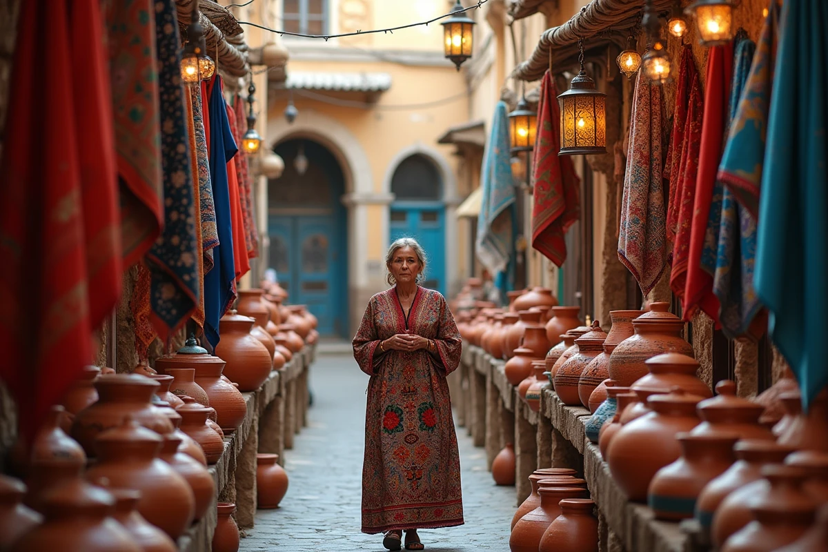 Femme tunisienne en kaftan brodé visitant un souk artisanal dans une médina historique de Tunisie