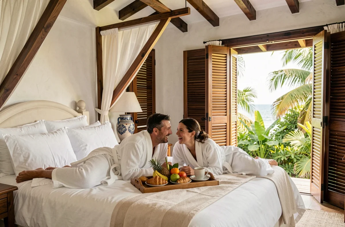 Couple en robes de bain dans la suite luxueuse d'un hôtel de charme en Guadeloupe avec vue sur la jungle tropicale