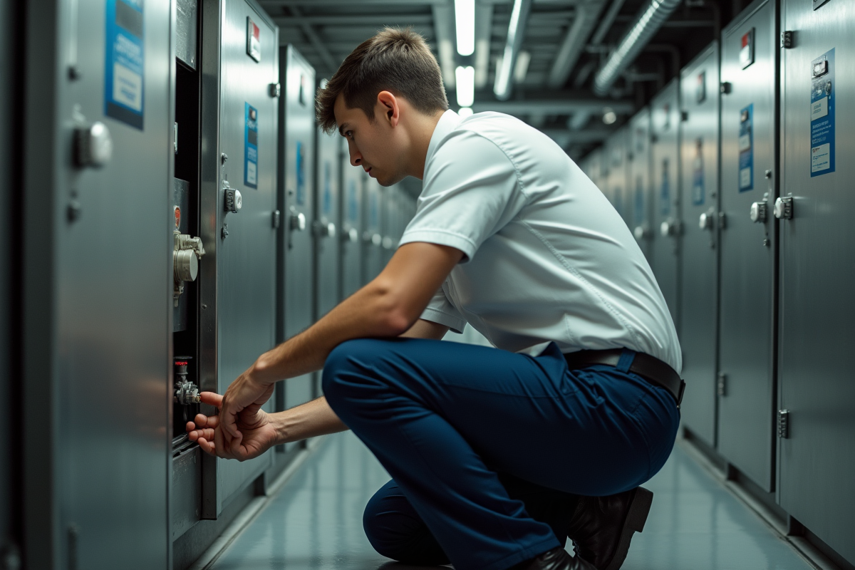Jeune technicien en uniforme vérifiant les tuyaux
