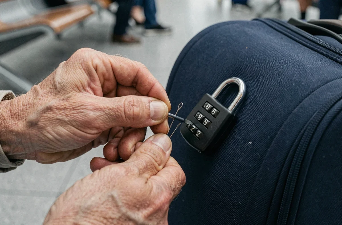 Gros plan sur des mains manipulant un tournevis et une épingle pour forcer un cadenas à molettes sur une valise bleue