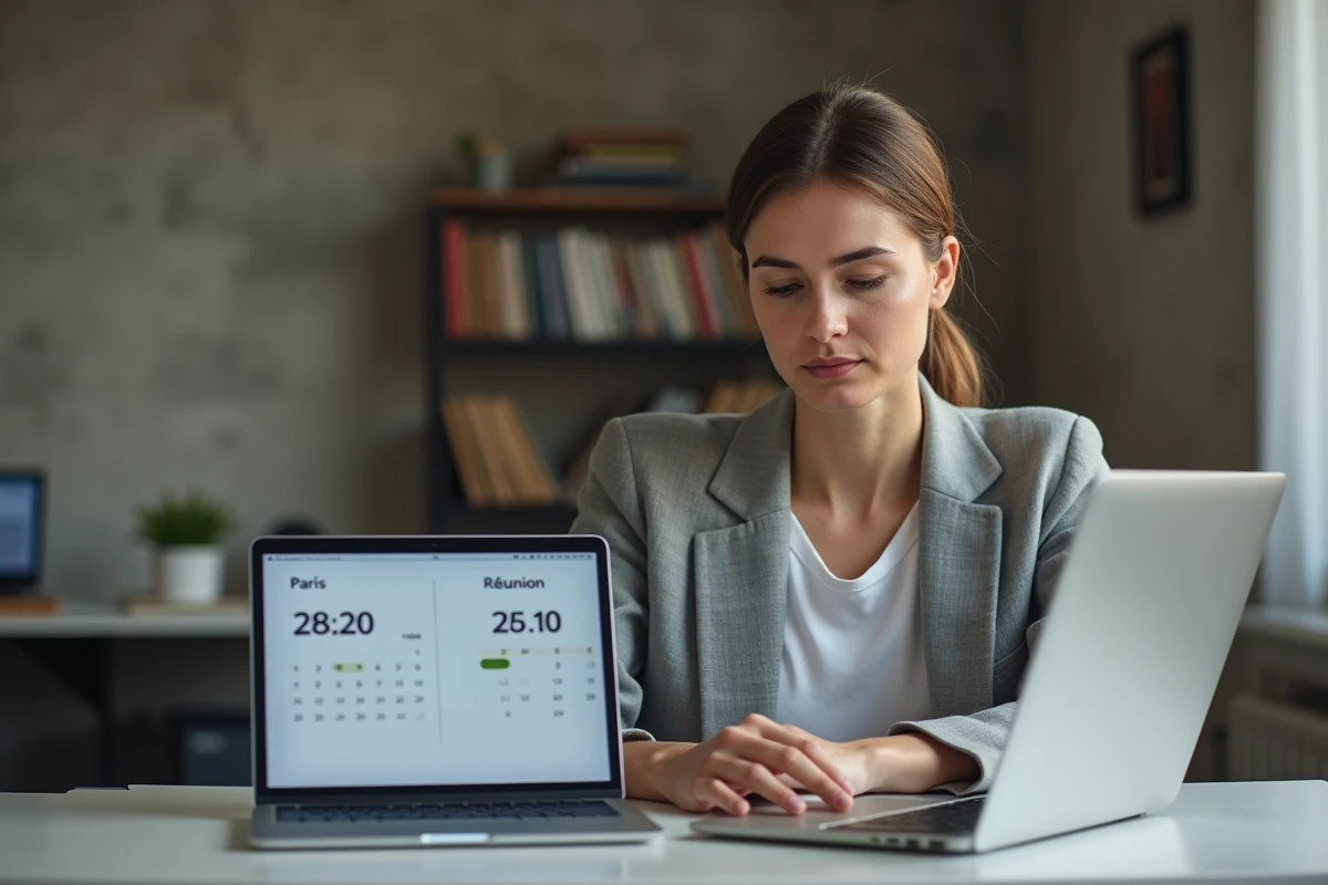 Femme en télétravail gérant le décalage horaire entre Paris et La Réunion sur deux écrans d'ordinateur