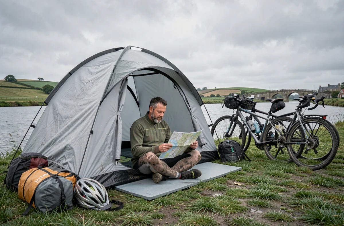 Tente de camping au bord du canal de Nantes à Brest avec des vélos de randonnée chargés et un cycliste consultant sa carte papier