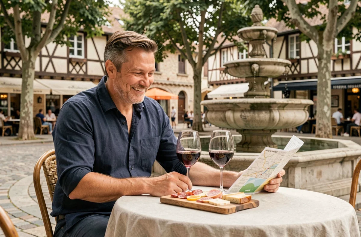Homme dégustant un verre de vin de Bourgogne en terrasse de café sur une place historique de Dijon