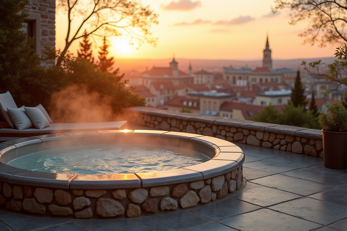 Terrasse en pierre à Lyon avec jacuzzi et vue sur la ville au coucher du soleil