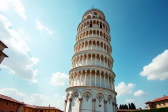 Vue grand angle de la Tour de Pise penchée sur la Piazza dei Miracoli avec des touristes au pied du monument