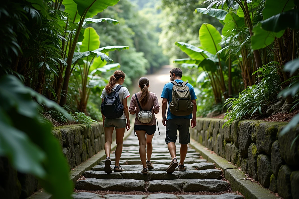 Groupe de touristes montant les escaliers du Corcovado entourés de la forêt tropicale atlantique de Rio de Janeiro
